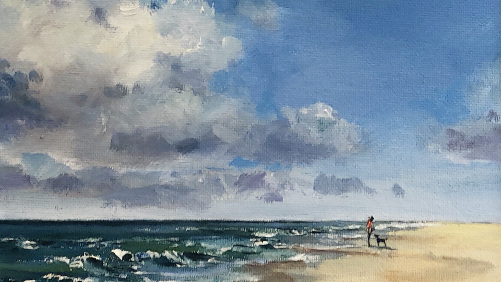Painting of dog walker on cloudy Beach